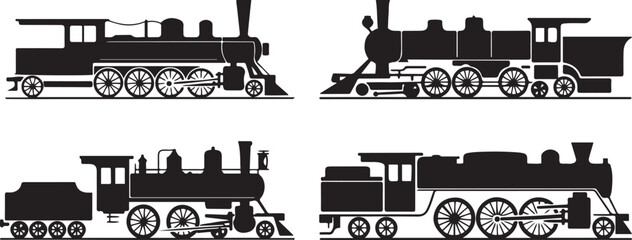 Vintage steam locomotive silhouettes collection four classic train designs. silhouette vector illustration © alimon