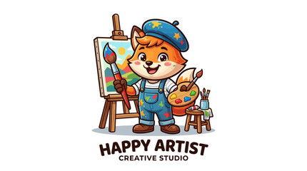 Fototapeta premium Cartoon fox mascot holding paintbrush and palette standing next to easel with colorful painting