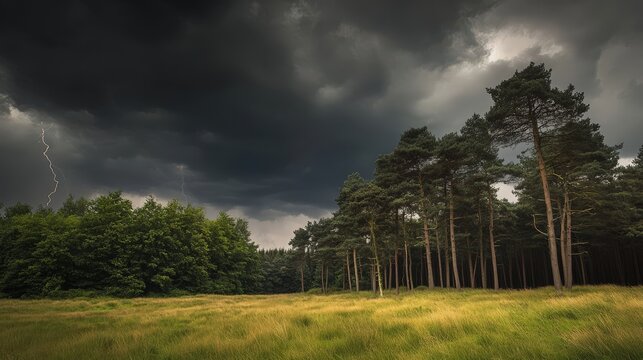 A dramatic forest scene under dark storm clouds with lightning in the distance and tall green pine trees swaying in the wind.
