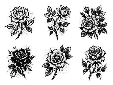 Set of hand drawn rose flowers with leaves and thorns