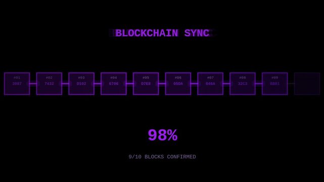 Blockchain crypto loading progress HUD seamless loop alpha overlay with percentage counter and purple data blocks