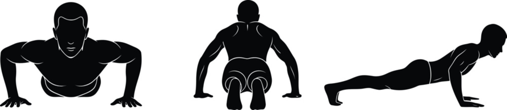 Man push up exercise silhouette set with workout training positions