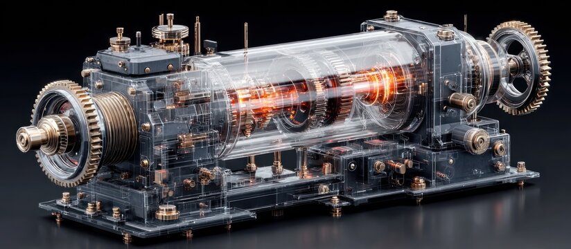 A transparent industrial machine with gears, showing the inner workings, glowing