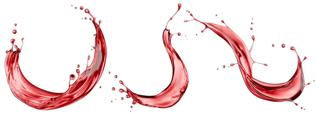 Set of red wine splashes isolated on a white background. 3D render