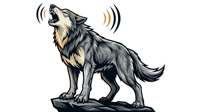 Gray wolf howling on rock mascot cartoon illustration