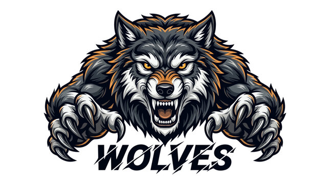 Furious gray wolf mascot with sharp teeth and claws