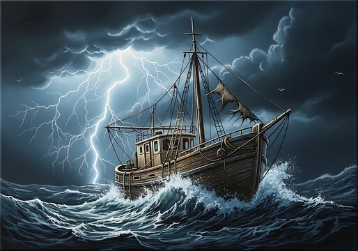 Dramatic scene of a ship on a stormy sea with lightning strikes