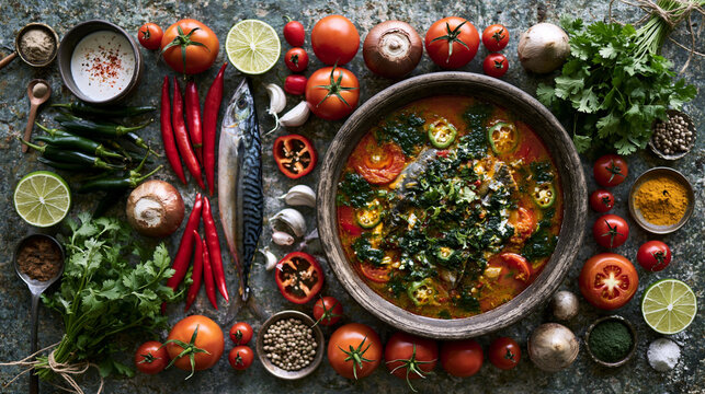 Moqueca Thai mackerel fish stew with coconut milk peppers and lime showcasing tropical Brazilian seafood comfort food concept