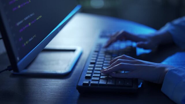Close-up of female's hand software engineer coding new application project