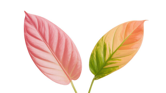 Two vibrant tropical leaves with pink and green variegation on dark background isolated on a transparent background