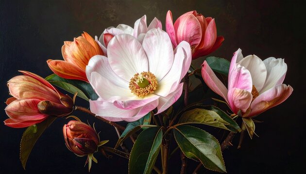 A beautiful bouquet of blooming spring magnolia flowers with pink and white petals arranged against a dark artistic moody background.