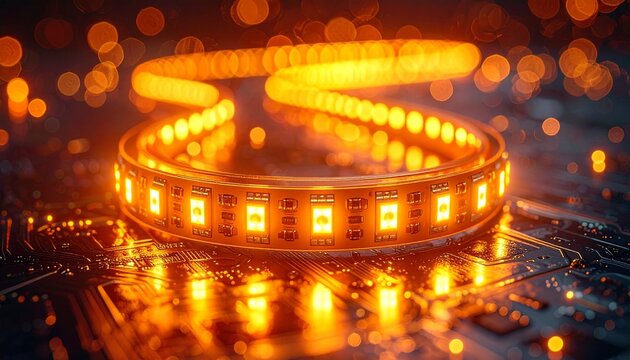 Close up of a flexible glowing yellow led strip light resting on a dark computer motherboard background with beautiful bokeh light effects.