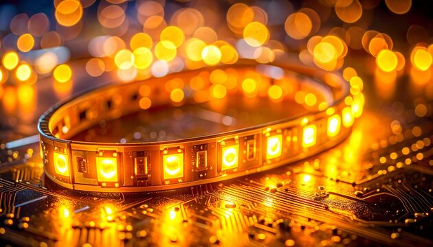 A detailed close up view of glowing yellow led strip lights arranged on a dark electronic circuit board featuring a beautiful bokeh background.