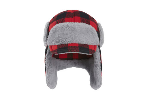 Warm winter trapper hat with red and black buffalo plaid and grey faux fur lining isolated on a transparent background