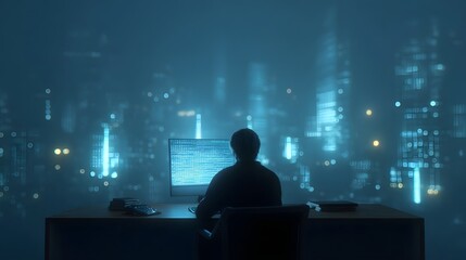 Fototapeta premium A silhouette of a person working in a dark futuristic environment illuminated by the glow of a screen overlooking a neon cityscape