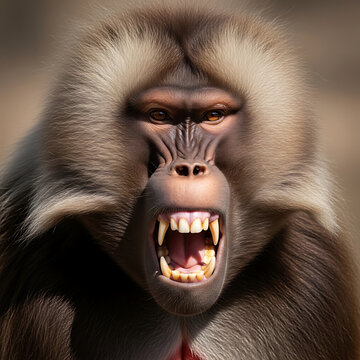 A close-up portrait of an aggressive monkey displaying its teeth in a natural setting.