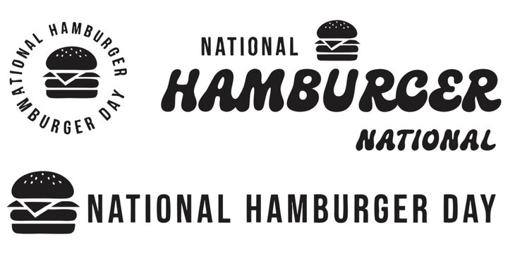 National Hamburger Day typographic vector element set featuring minimalist burger icons and versatile retro text layouts isolated on white background.