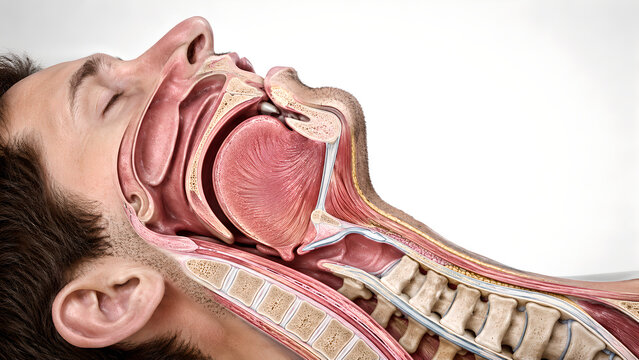 Obstructive Sleep Apnea Upper Airway Anatomy 3D Render Showing Soft Palate and Tongue Base Narrowing for Medical Education