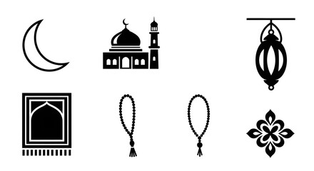 Naklejka premium Islamic Prayer Symbols Vector Icons Set: Mosque, Moon, Prayer Mat, Tasbih