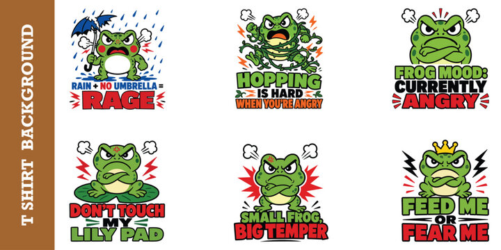 Grumpy frog character collection with funny angry quotes and moody temper expressions.