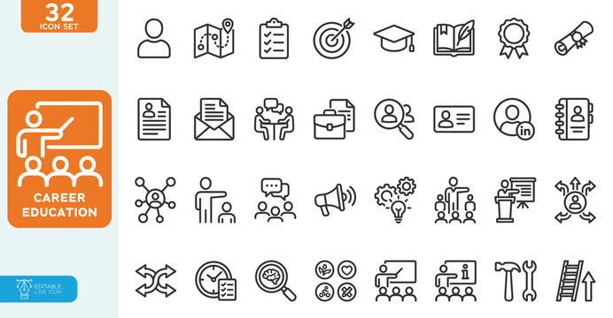 Career Education Vector illustration line editable icon set. Contain icons related to career, education, training, skills, development, learning, mentorship, employment, and more.