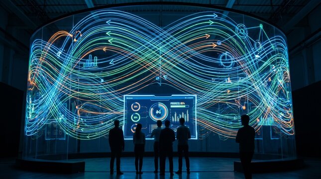 Business team analyzing big data on large digital screen display