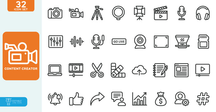 Content creator Vector illustration line editable icon set. featuring icons of various media, content, podcast, blogger, live streaming, social network, and more. on white background.