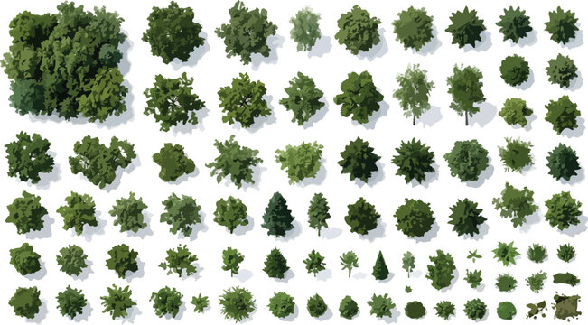 Top view tree collection for architectural site plans, 66 green landscape plant symbols, aerial view forest vegetation vector set for masterplan design