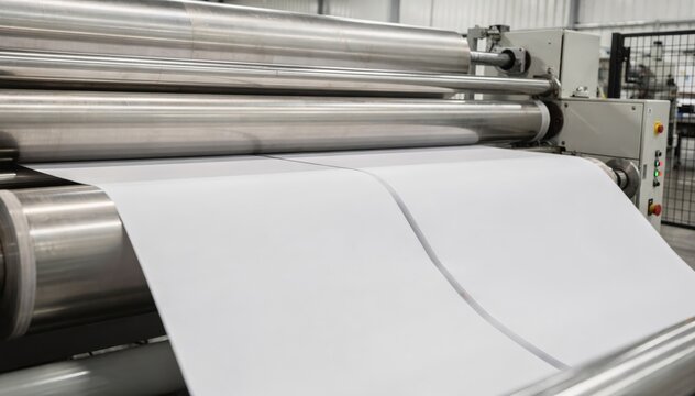 Medium shot of solventless adhesive lamination process bonding two paper webs smoothly under large industrial rollers in a clean manufacturing environment.