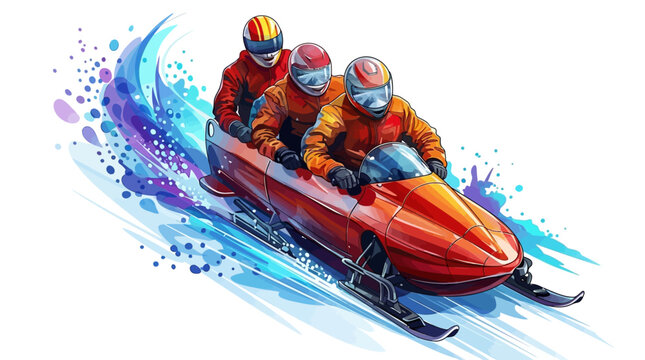 Three athletes in orange suits racing on a red bobsled