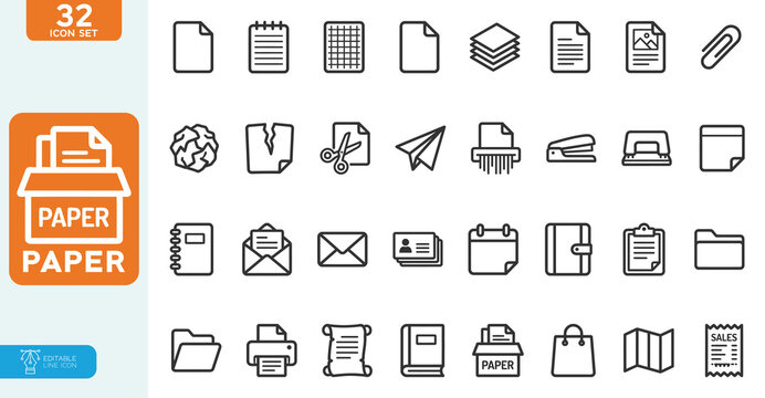 Paper Editable Vector illustration line editable icon set. of 32 paper and office supply symbols. on white background.