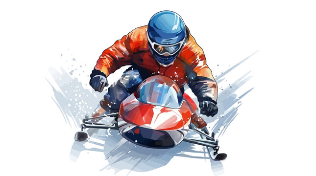Man riding on a red bobsleigh with blue helmet and orange jacket