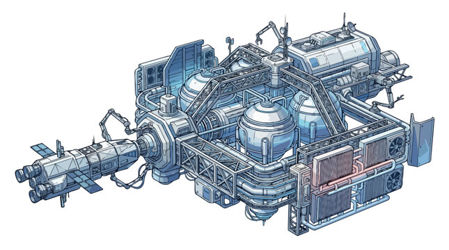 Isometric industrial machinery engine system with components.