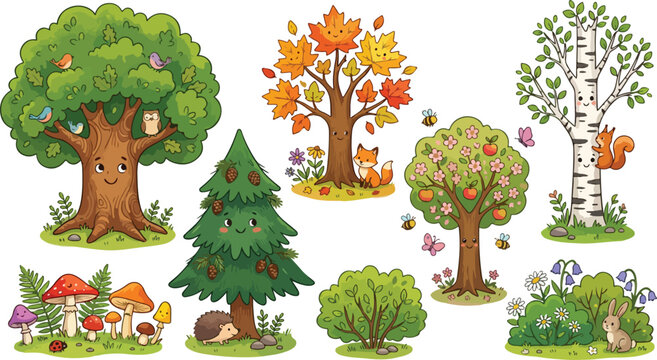 Cute cartoon forest trees collection, whimsical woodland nature set with animals and mushrooms, colorful seasonal tree illustrations in EPS format