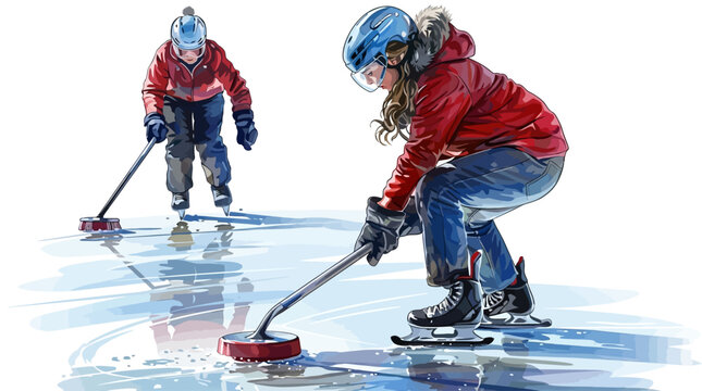 Curling players in action on ice rink with brooms and stones