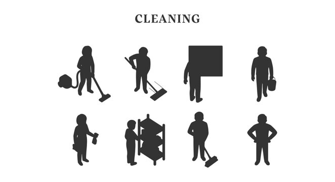 Isometric cleaning service architectural entourage scale figures silhouette vector set of janitors and maintenance staff for 2D interior diagram and rendering visualization