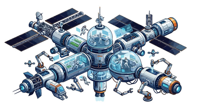 Space station in orbit with modular components.