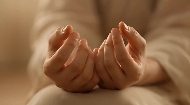 4k slow motion close up of hands in meditation mudra position on soft bedding