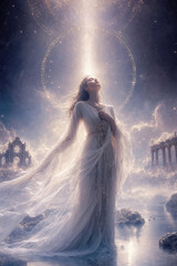 Obraz premium Ethereal woman in flowing white robe stands amidst a celestial landscape, bathed in a pillar of divine light. Ornate geometric halos and stardust swirl around her head. Ancient ruins serene atmosphere