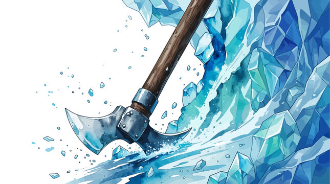 Ice axe chopping through blue ice block on white background