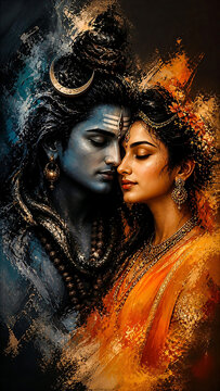 Artistic depiction of Lord Shiva and Goddess Parvati in a divine embrace, rendered with contrasting cool and warm tones, symbolizing cosmic union and spiritual harmony.