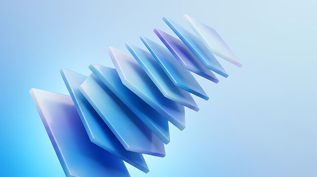 A 3d rendering of a blue crystal structure on a gradient blue background with shiny surfaces and geometric shapes