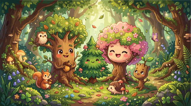 Whimsical enchanted forest vector illustration, cute anthropomorphic trees with smiling faces, magical woodland landscape with squirrel and owl