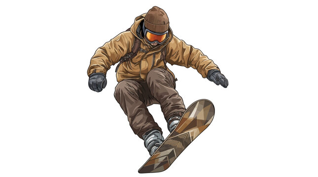 Snowboarder in brown gear performing a trick on a white background