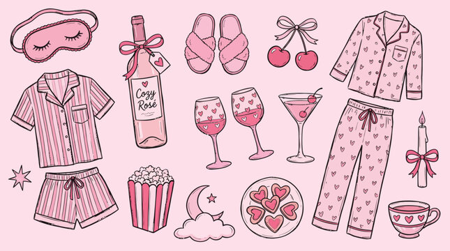 Illustrated Pajama Party Still Life Artwork in Pink Hues