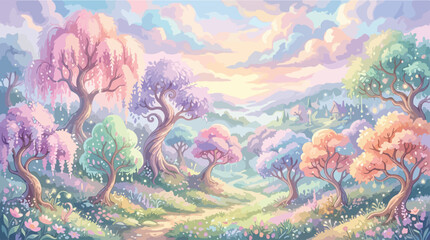 Obraz premium Dreamy pastel fantasy forest landscape vector, magical enchanted garden with colorful trees, whimsical fairy tale valley background for children