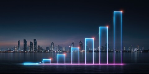 Naklejka premium Neon city skyline graph chart.