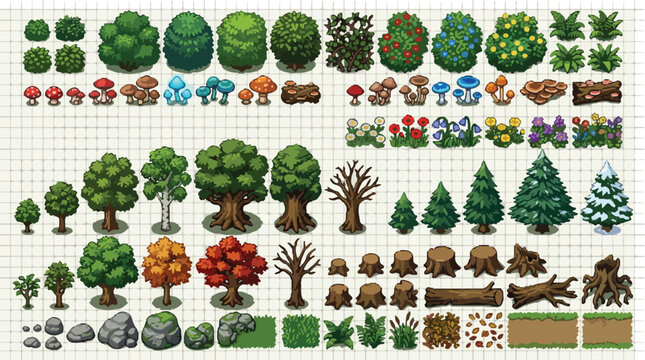Pixel art forest environment assets, 2D game nature collection with trees and plants, isometric garden landscape elements for RPG map design