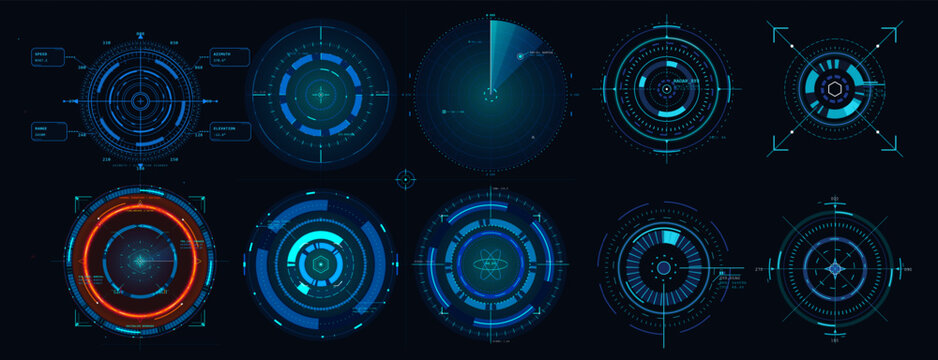 Futuristic circular HUD radar interface set with glowing cyan scanner displays, targeting grids and digital dashboard elements on dark background. Vector illustration