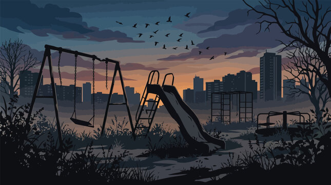 Abandoned children playground in urban city park with old rusty swing set and slide during dramatic sunset.